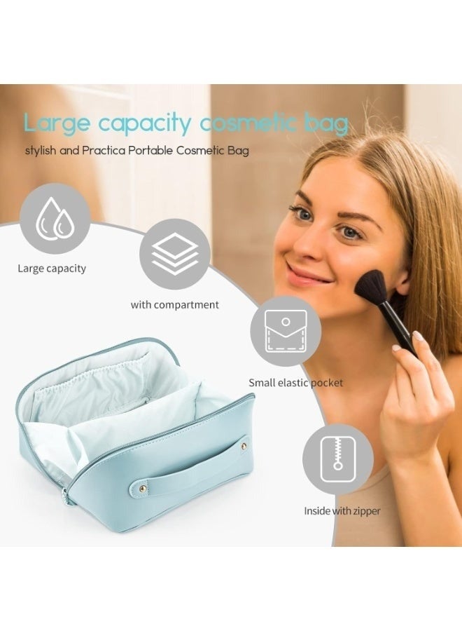 حقيبة مكياج سفر نسائية - منظم مستحضرات تجميل من الجلد الصناعي مع فتحة علوية واسعة، وفواصل داخلية، ومقبض حمل متين، وسعة كبيرة لأدوات النظافة الشخصية ومستلزمات التجميل، لون أزرق فاتح - Image 4